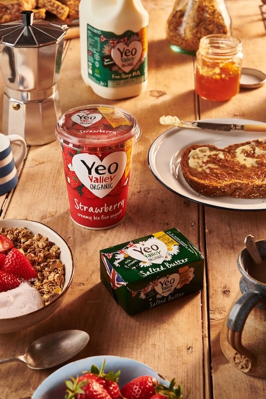 Breakfast table scene with Yeo Valley products